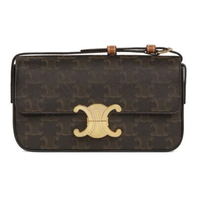 CELINE Claude Triomphe Canvas Shoulder Bag Adjustable Strap Women Tan