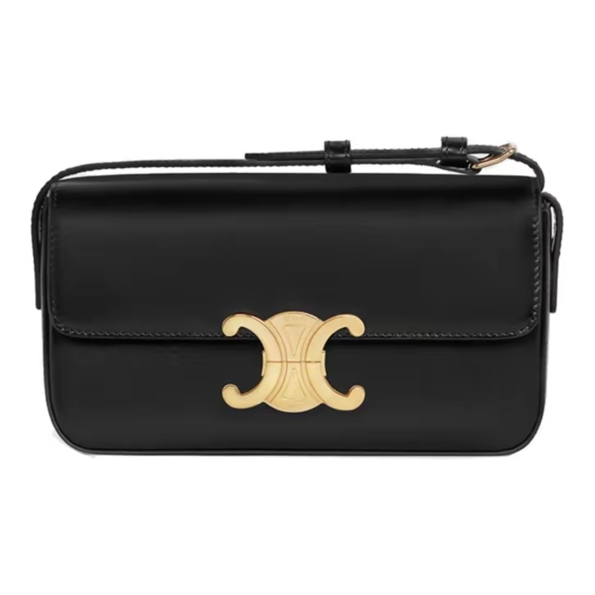 CELINE Triomphe Claude Shiny Calfskin Shoulder Bag Adjustable Strap Women Black