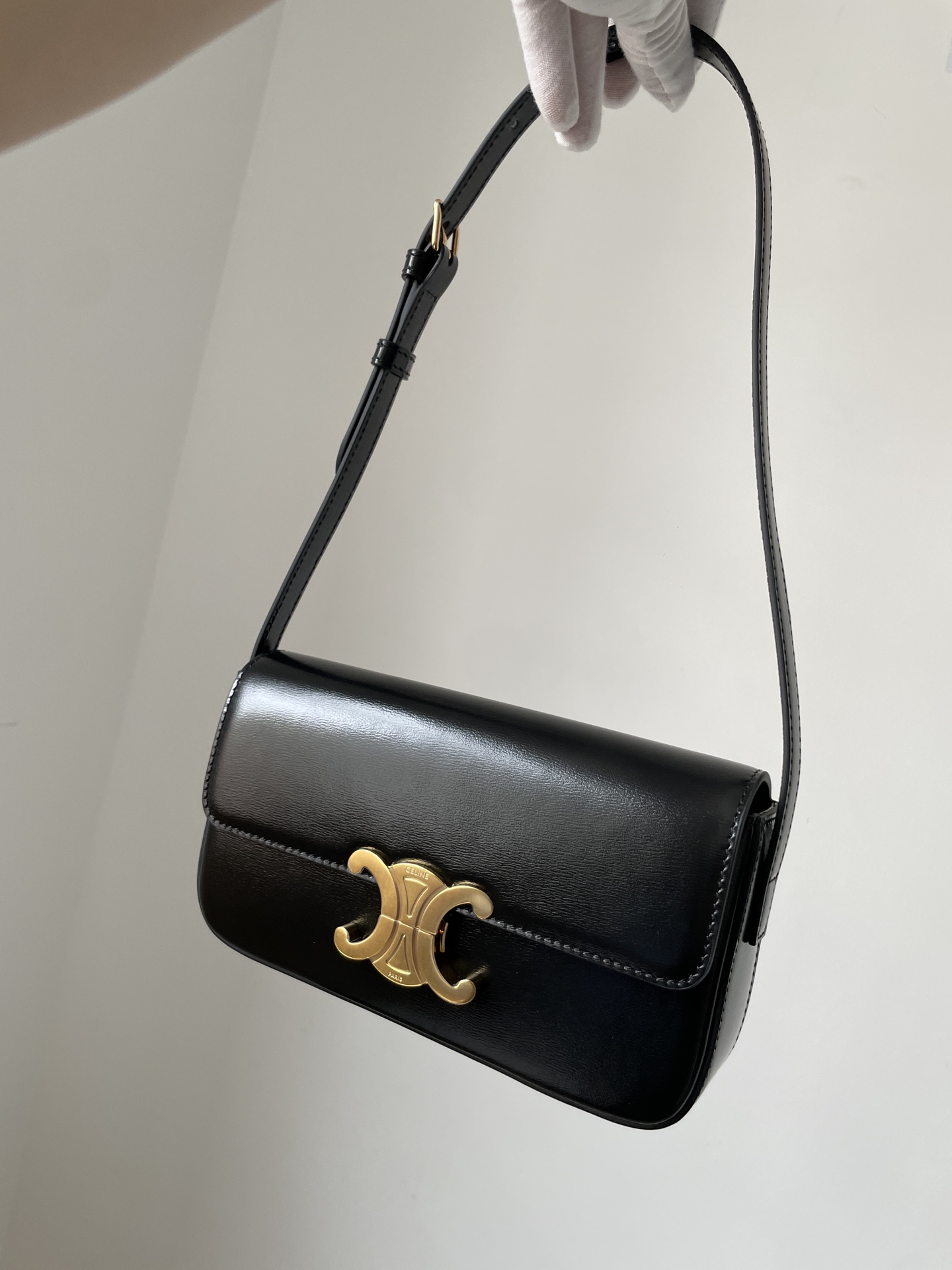 CELINE Triomphe Claude Shiny Calfskin Shoulder Bag Adjustable Strap Women Black - Image 2