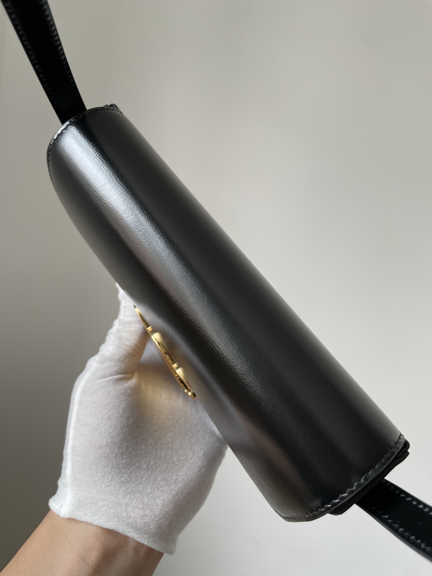 CELINE Triomphe Claude Shiny Calfskin Shoulder Bag Adjustable Strap Women Black - Image 5