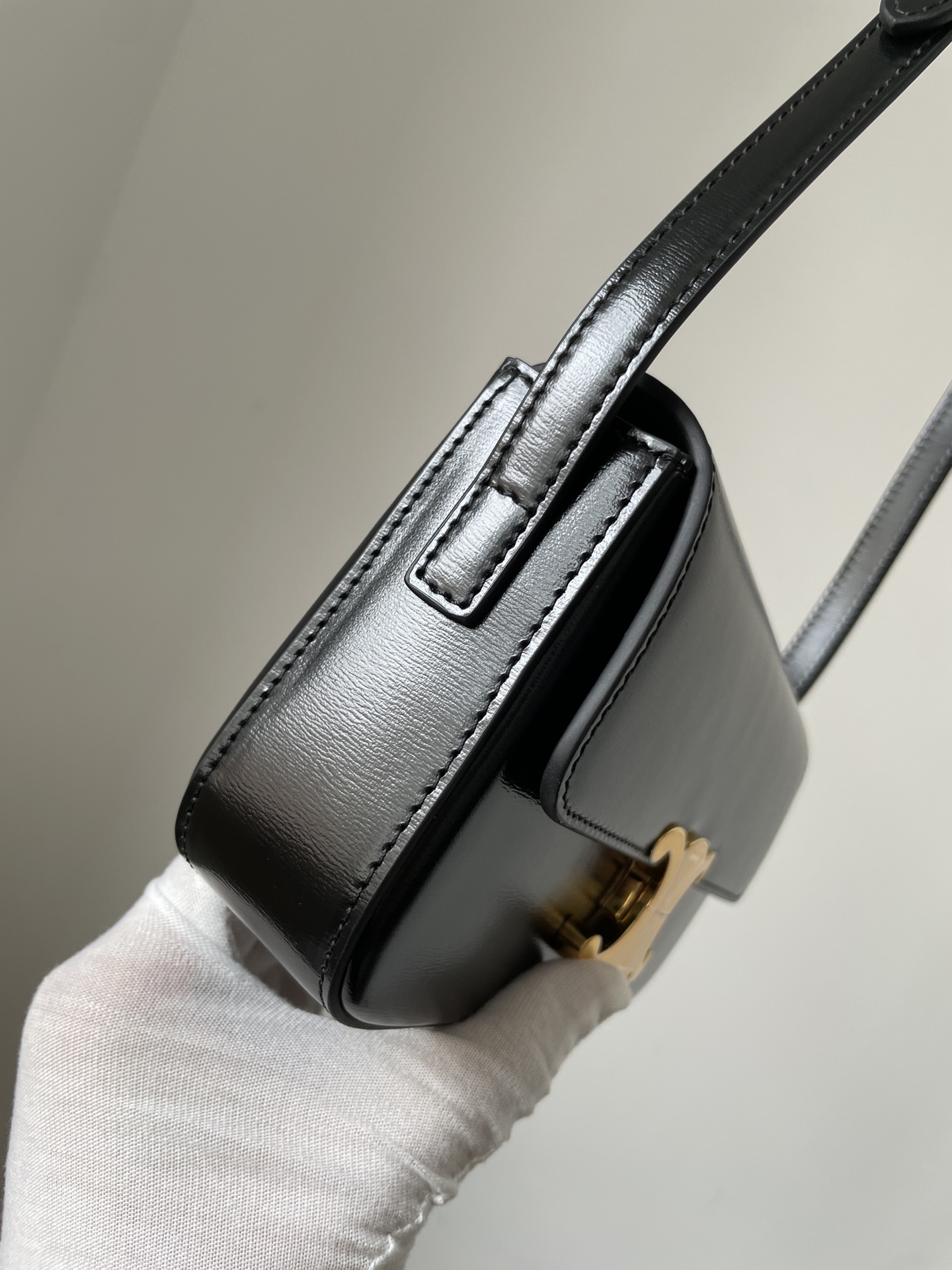 CELINE Triomphe Claude Shiny Calfskin Shoulder Bag Adjustable Strap Women Black - Image 7