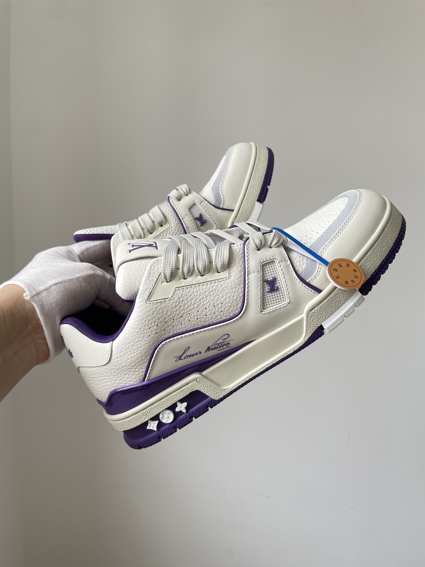 Louis Vuitton Trainer White Purple Leather Low-Top Sneakers - Image 3