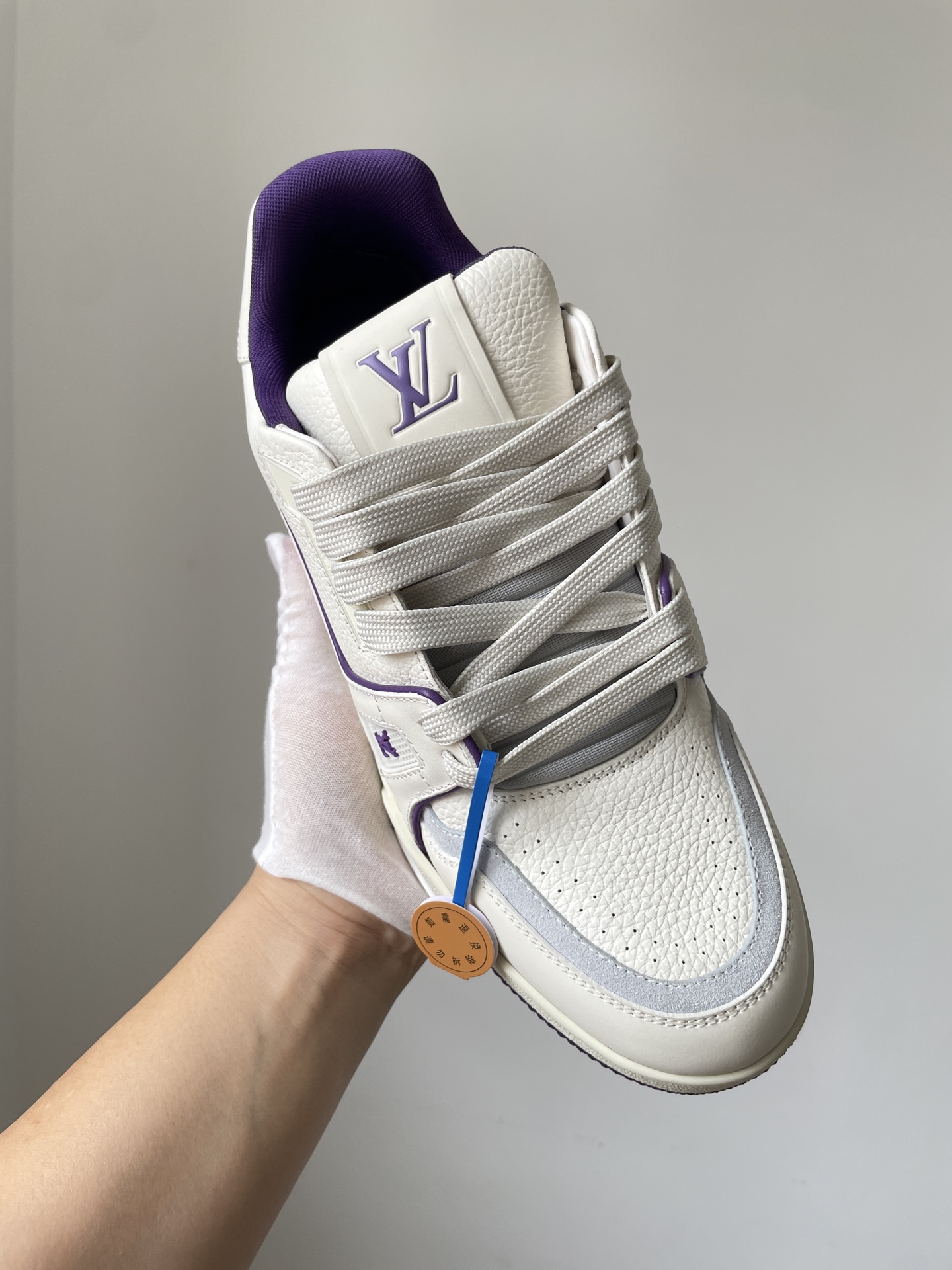 Louis Vuitton Trainer White Purple Leather Low-Top Sneakers - Image 4