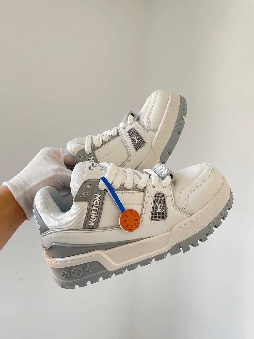 Louis Vuitton Trainer Maxi White Gray Leather Low-Top Sneakers with Beaded Accents - Image 2