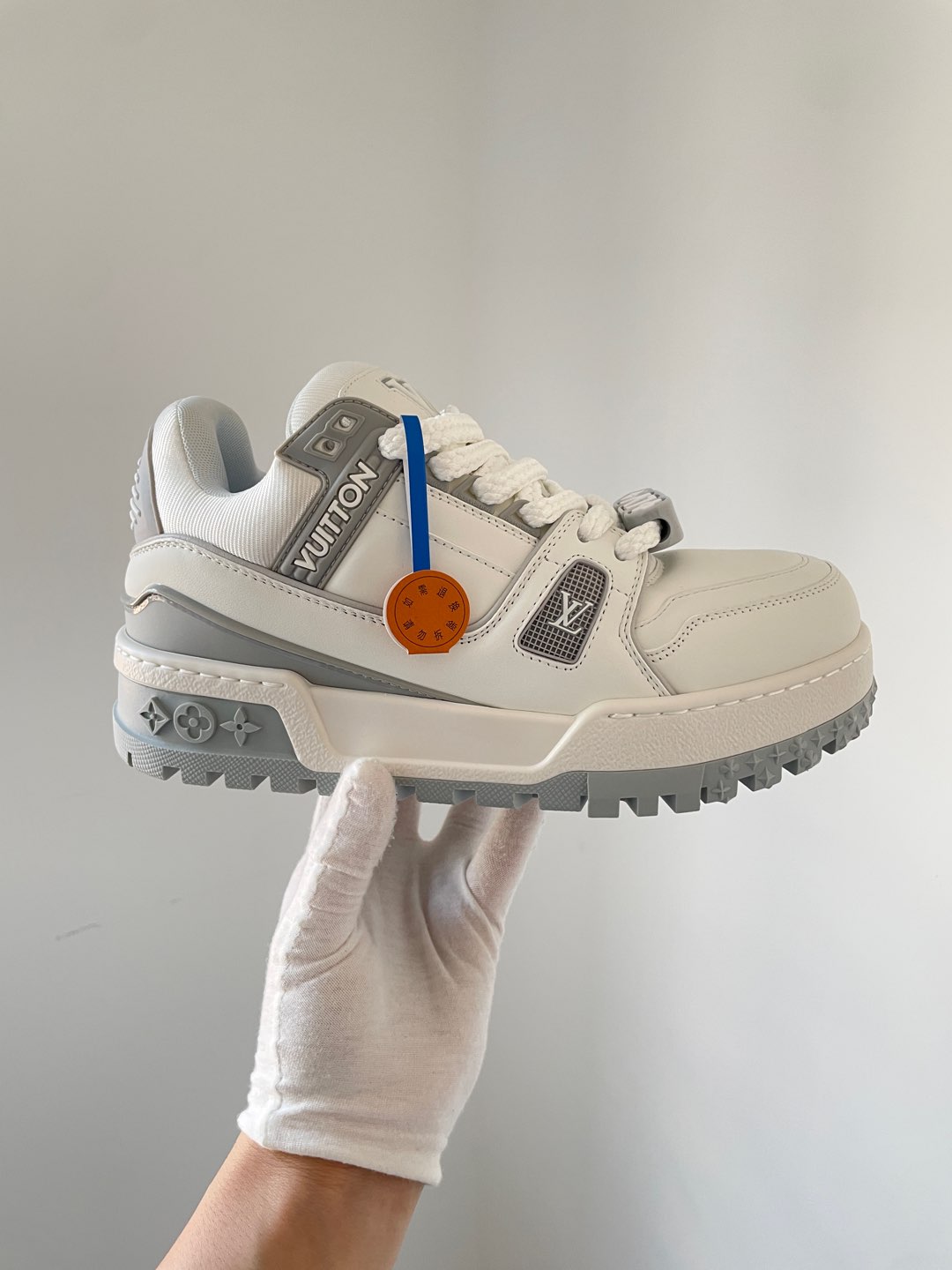 Louis Vuitton Trainer Maxi White Gray Leather Low-Top Sneakers with Beaded Accents - Image 3