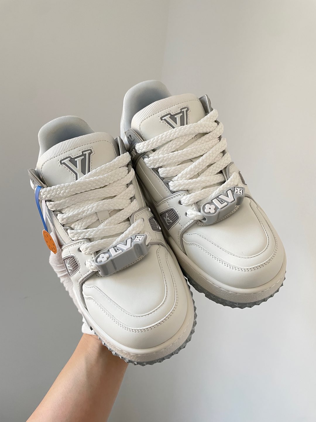 Louis Vuitton Trainer Maxi White Gray Leather Low-Top Sneakers with Beaded Accents - Image 5