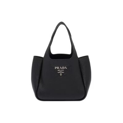 Prada Small Peebled Calf Leather Magnetic Tote Bucket Bag Black