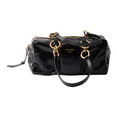 PRADA Dangle Logo Medium Leather Shoulder Tote Bag Black