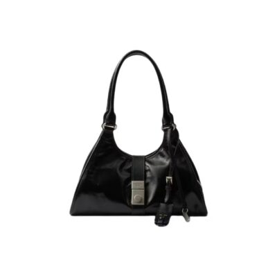 PRADA Leather Tote Shoulder Bag with Logo Magnetic Clasp Black