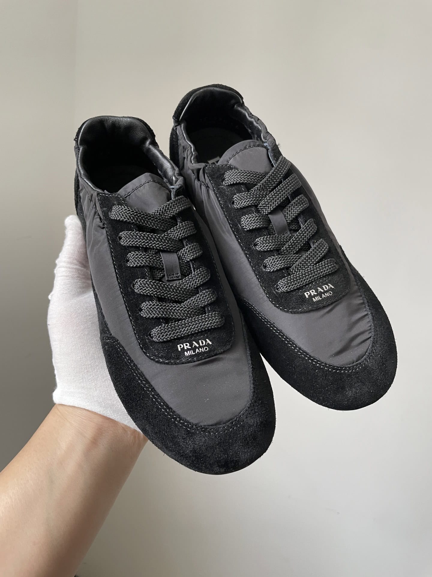 Prada Collapse Suede Printed Logo Round Toe Lace-Up Low-Top Sneakers Women Black - Image 2