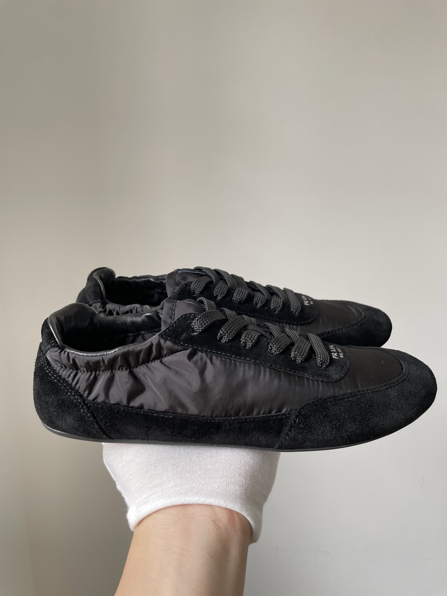 Prada Collapse Suede Printed Logo Round Toe Lace-Up Low-Top Sneakers Women Black - Image 4