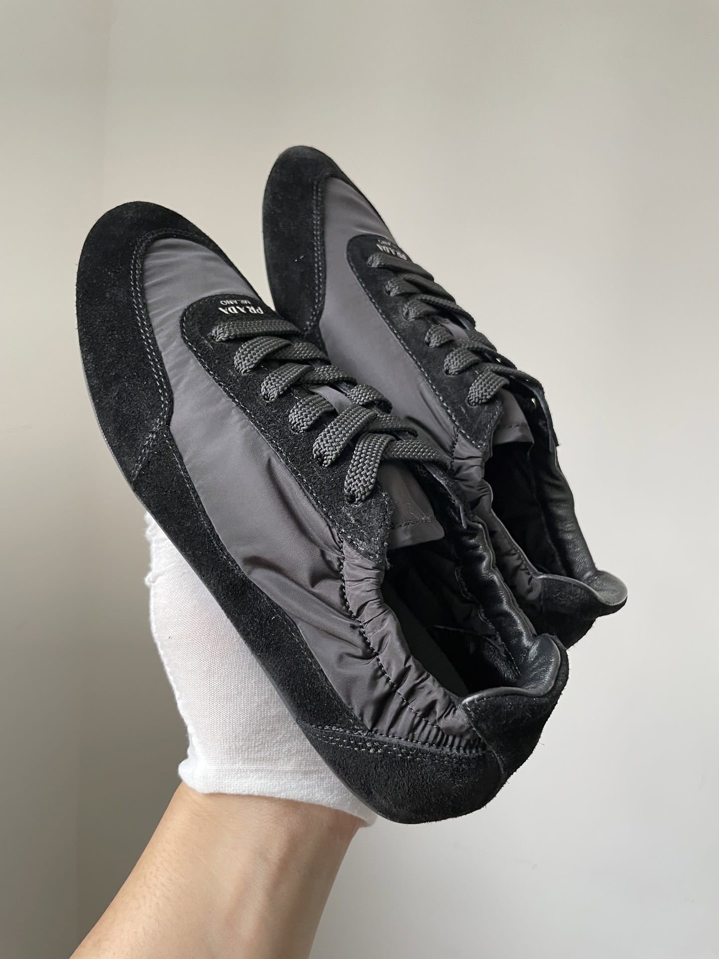 Prada Collapse Suede Printed Logo Round Toe Lace-Up Low-Top Sneakers Women Black - Image 6