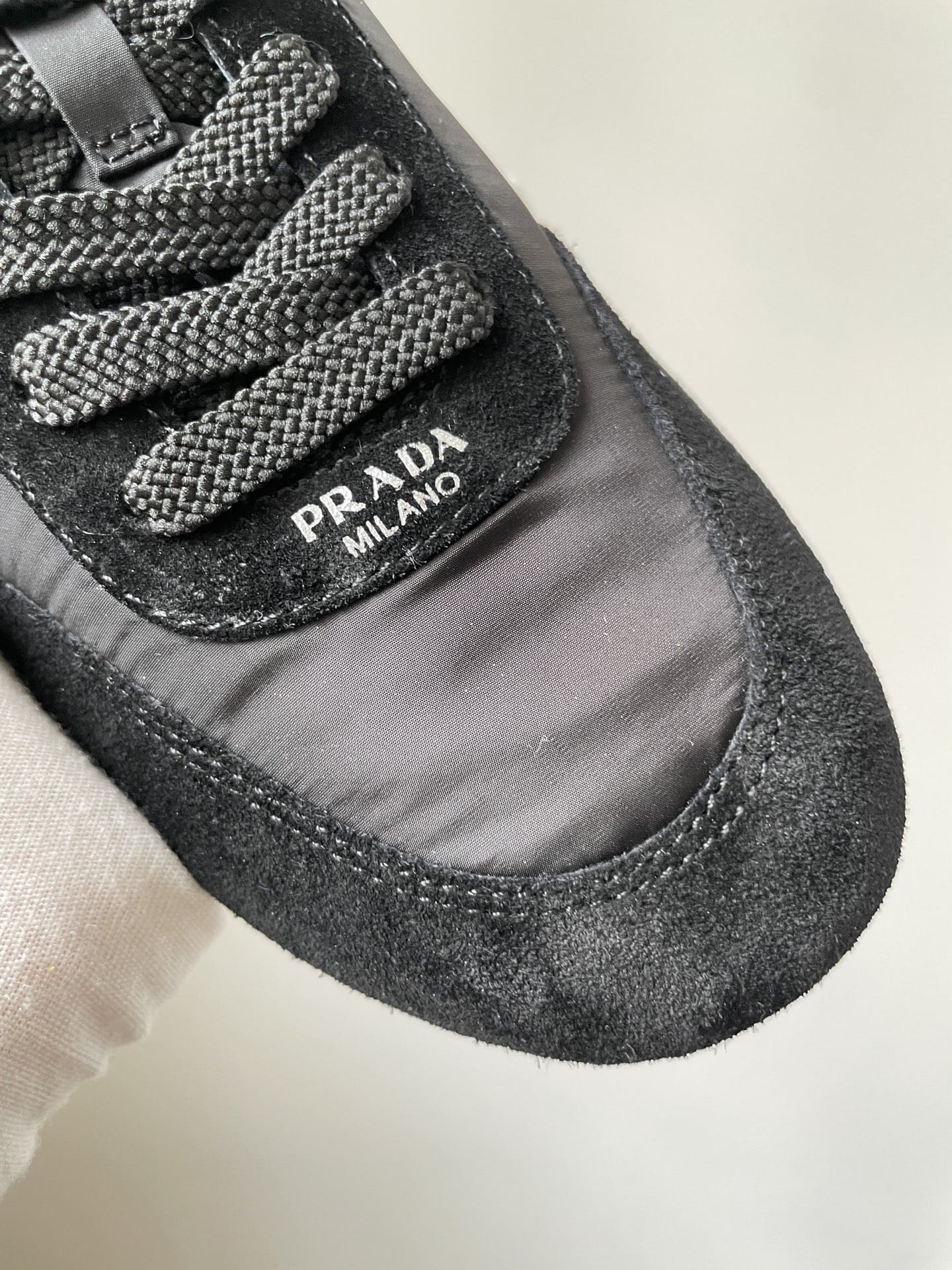 Prada Collapse Suede Printed Logo Round Toe Lace-Up Low-Top Sneakers Women Black - Image 7