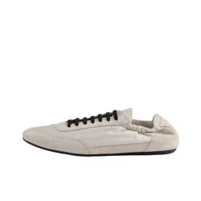 Prada Collapse Suede Vintage Printed Logo Round Toe Lace-Up Sneakers Women Ivory White