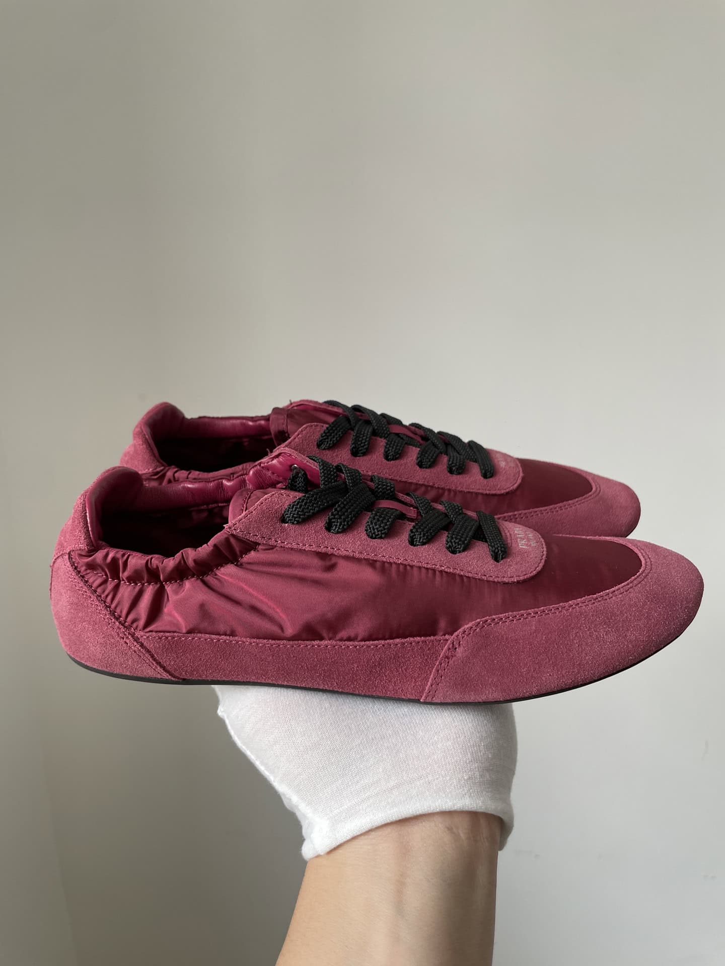 Prada Collapse Suede Printed Logo Elastic Sole Low-Top Sneakers Women Burgundy - Image 2