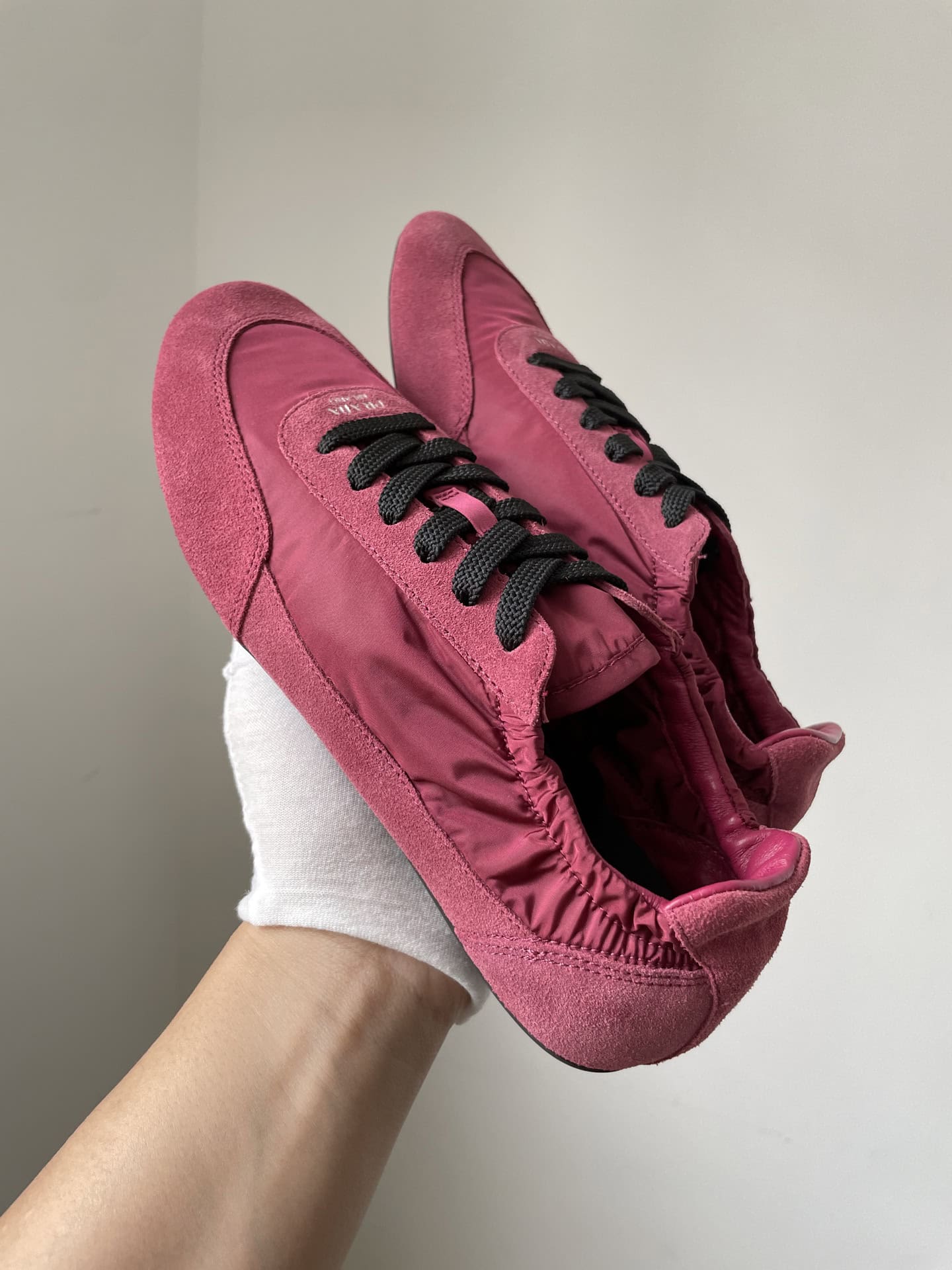 Prada Collapse Suede Printed Logo Elastic Sole Low-Top Sneakers Women Burgundy - Image 3