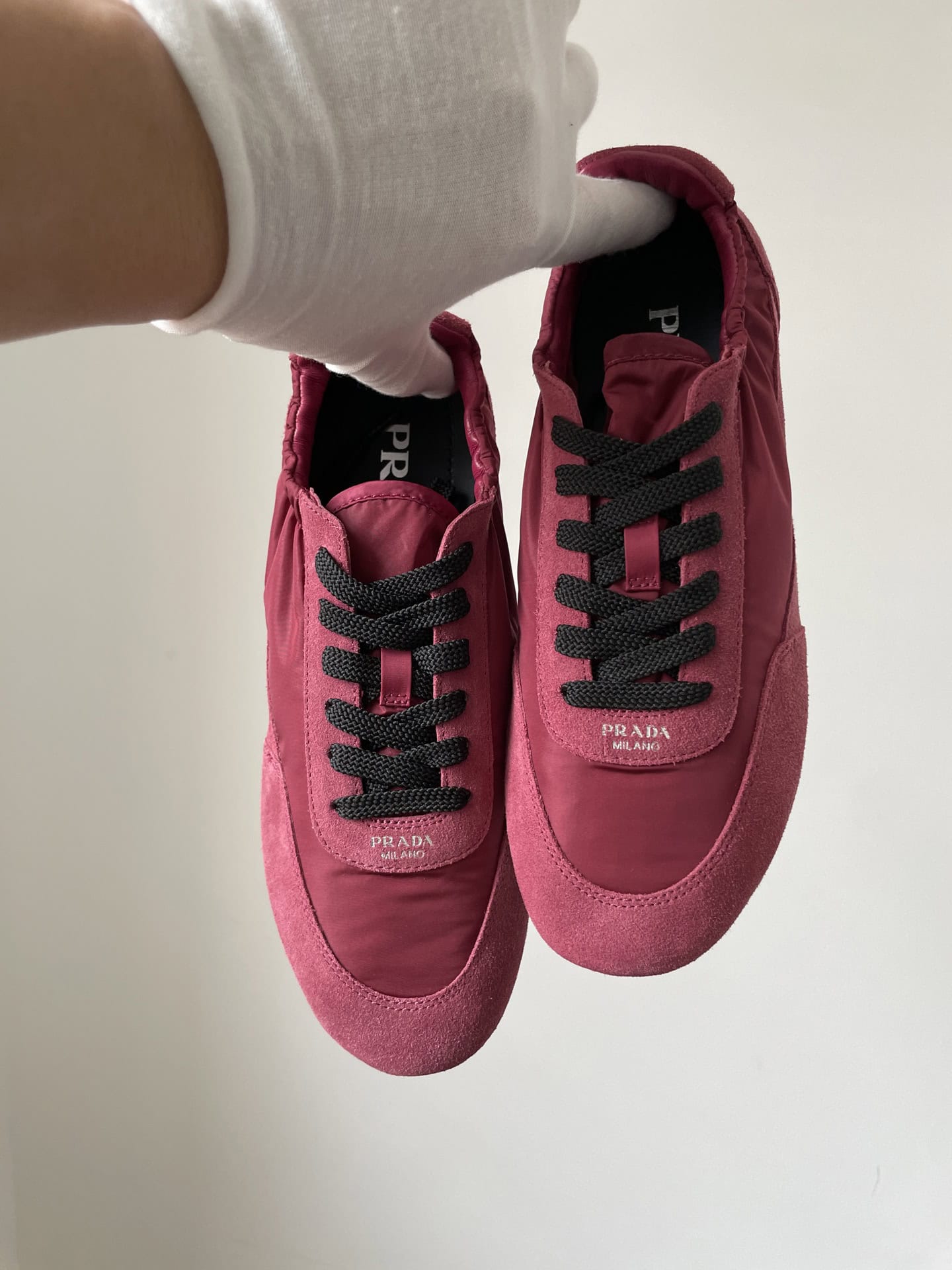 Prada Collapse Suede Printed Logo Elastic Sole Low-Top Sneakers Women Burgundy - Image 4