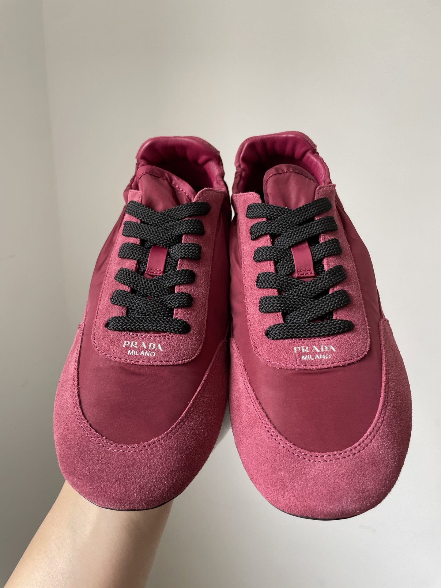 Prada Collapse Suede Printed Logo Elastic Sole Low-Top Sneakers Women Burgundy - Image 5