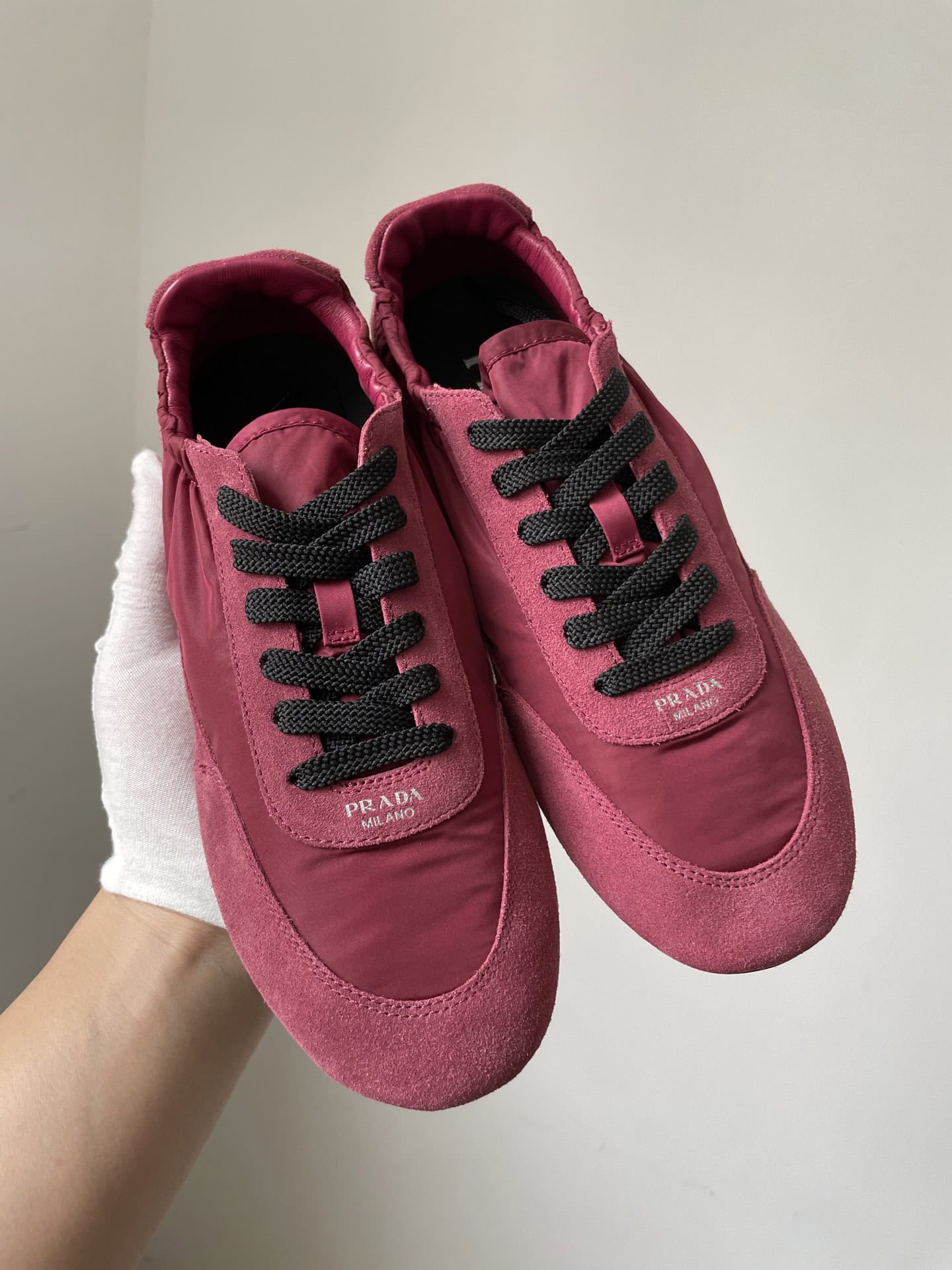 Prada Collapse Suede Printed Logo Elastic Sole Low-Top Sneakers Women Burgundy - Image 6