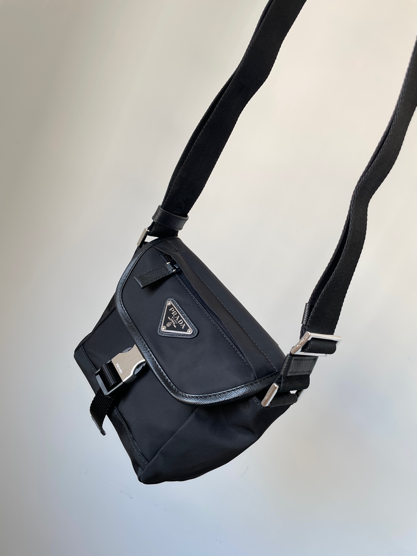 PRADA Re-Nylon & Saffiano Leather Compact Crossbody Bag Black - Image 2