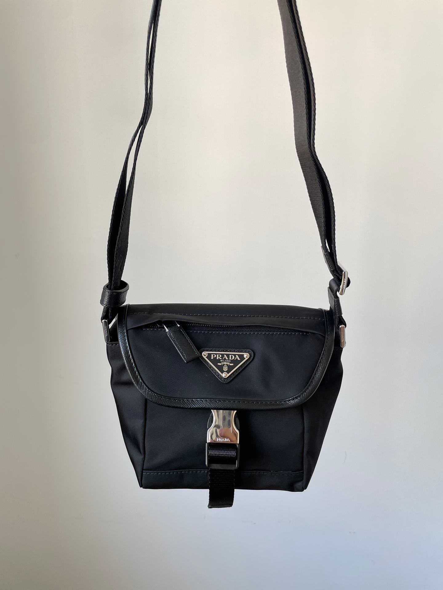 PRADA Re-Nylon & Saffiano Leather Compact Crossbody Bag Black - Image 3