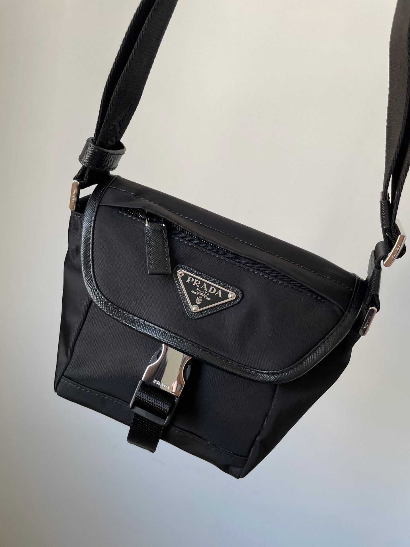 PRADA Re-Nylon & Saffiano Leather Compact Crossbody Bag Black - Image 4