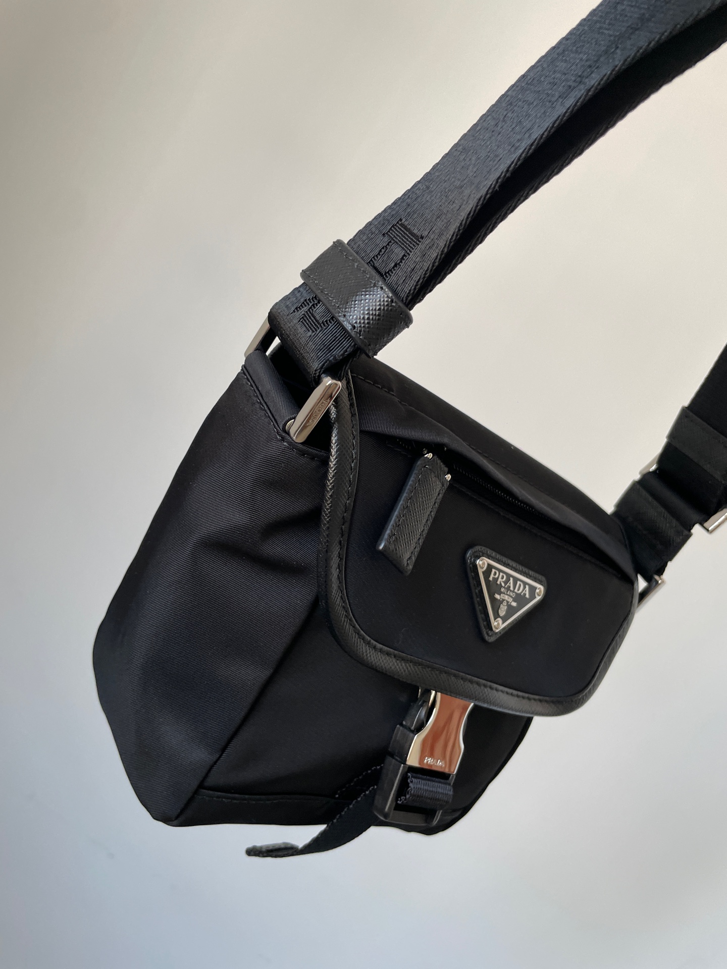 PRADA Re-Nylon & Saffiano Leather Compact Crossbody Bag Black - Image 6