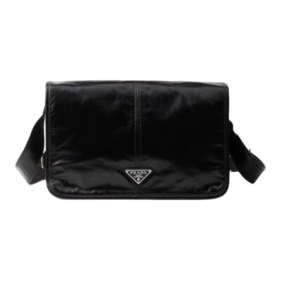 PRADA Leather Crossbody Shoulder Bag with Enameled Triangle Logo Black