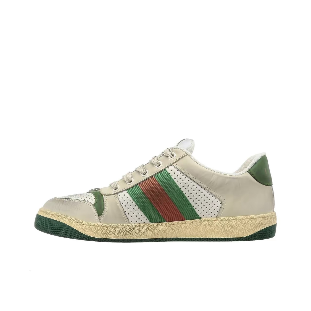 Gucci Screener Leather Distressed Sneakers Unisex Gray Green