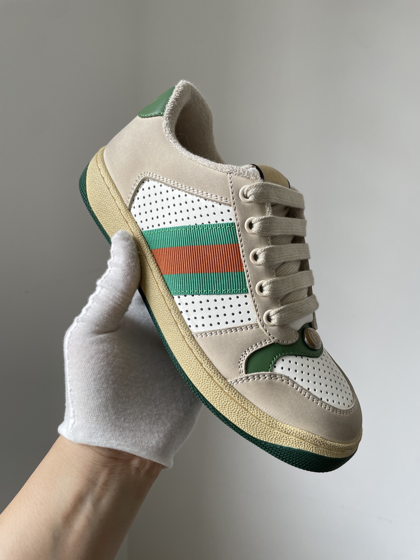 Gucci Screener Leather Distressed Sneakers Unisex Gray Green - Image 3