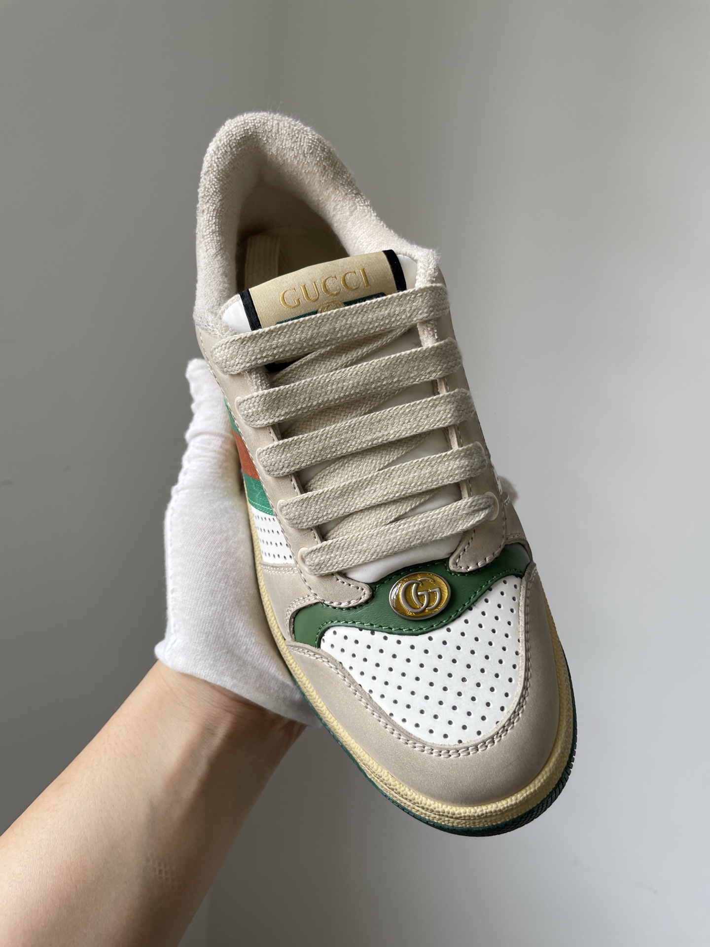 Gucci Screener Leather Distressed Sneakers Unisex Gray Green - Image 4
