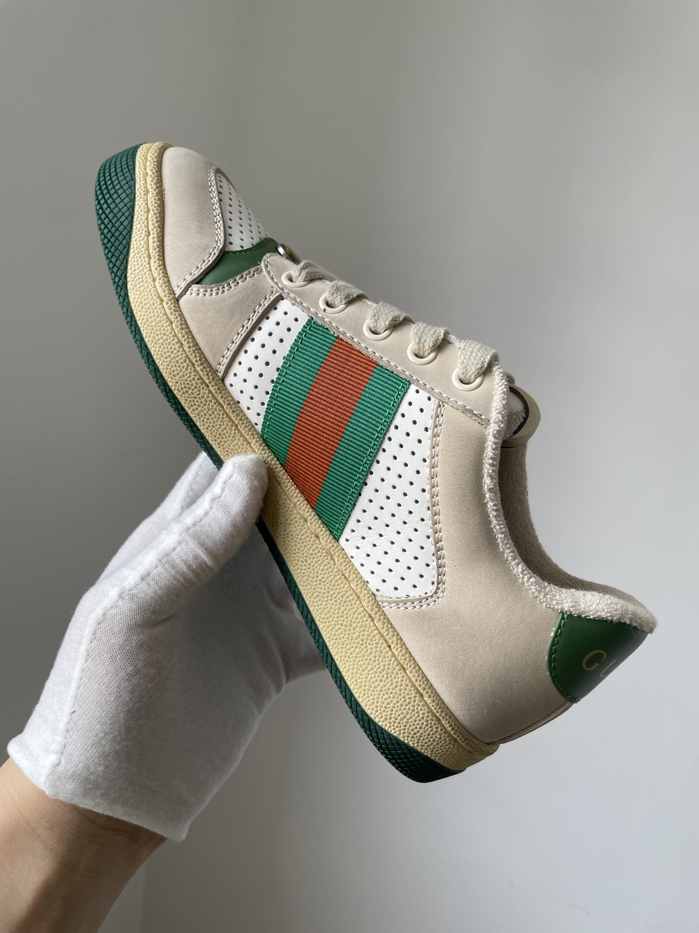 Gucci Screener Leather Distressed Sneakers Unisex Gray Green - Image 5