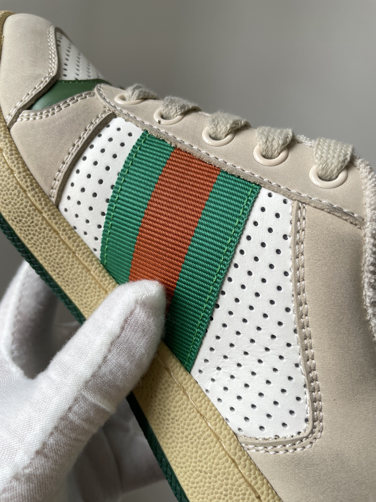 Gucci Screener Leather Distressed Sneakers Unisex Gray Green - Image 7