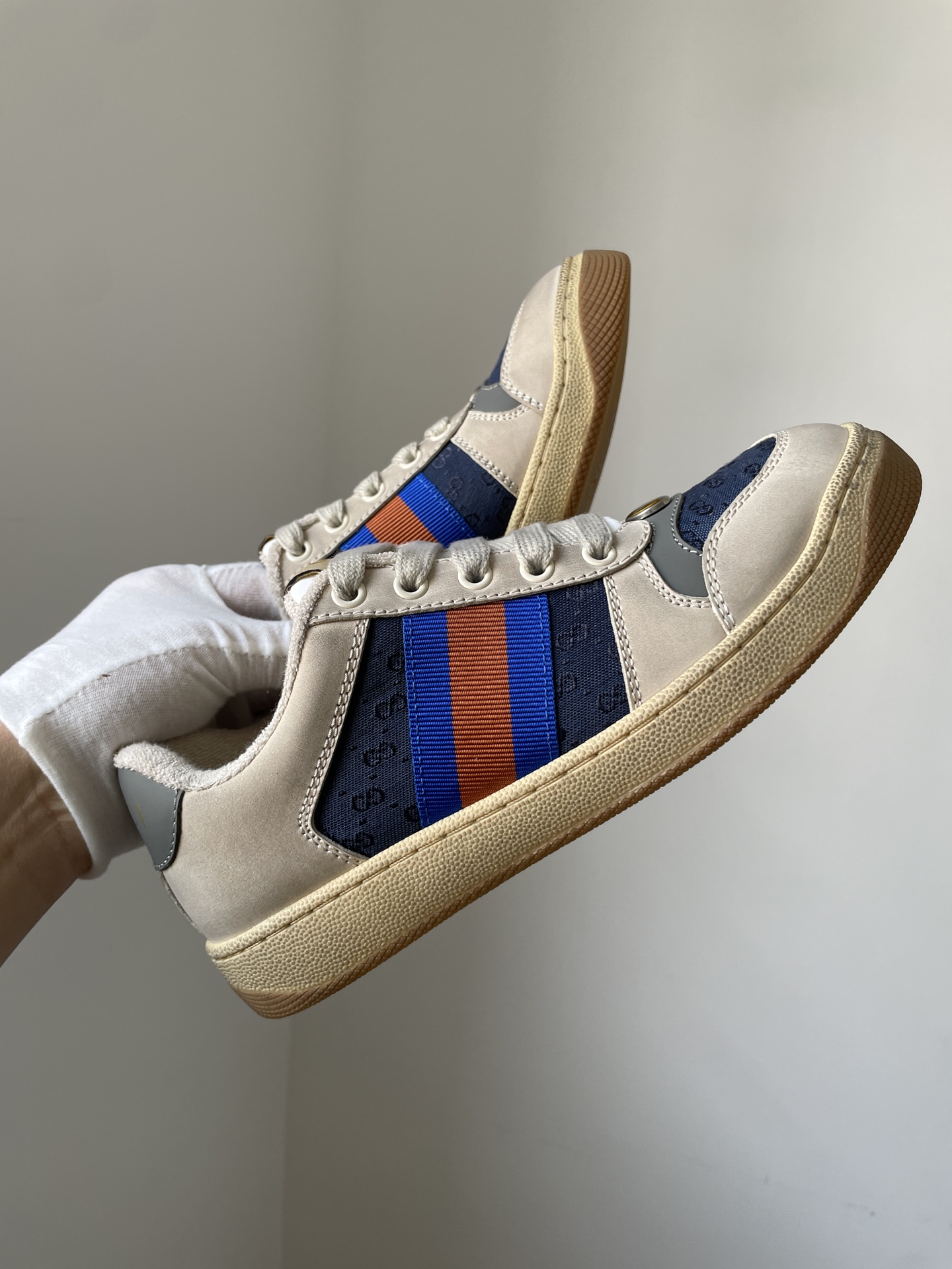 Gucci Screener Fabric Leather Lace-Up Sneakers Men Gray White Vintage - Image 2