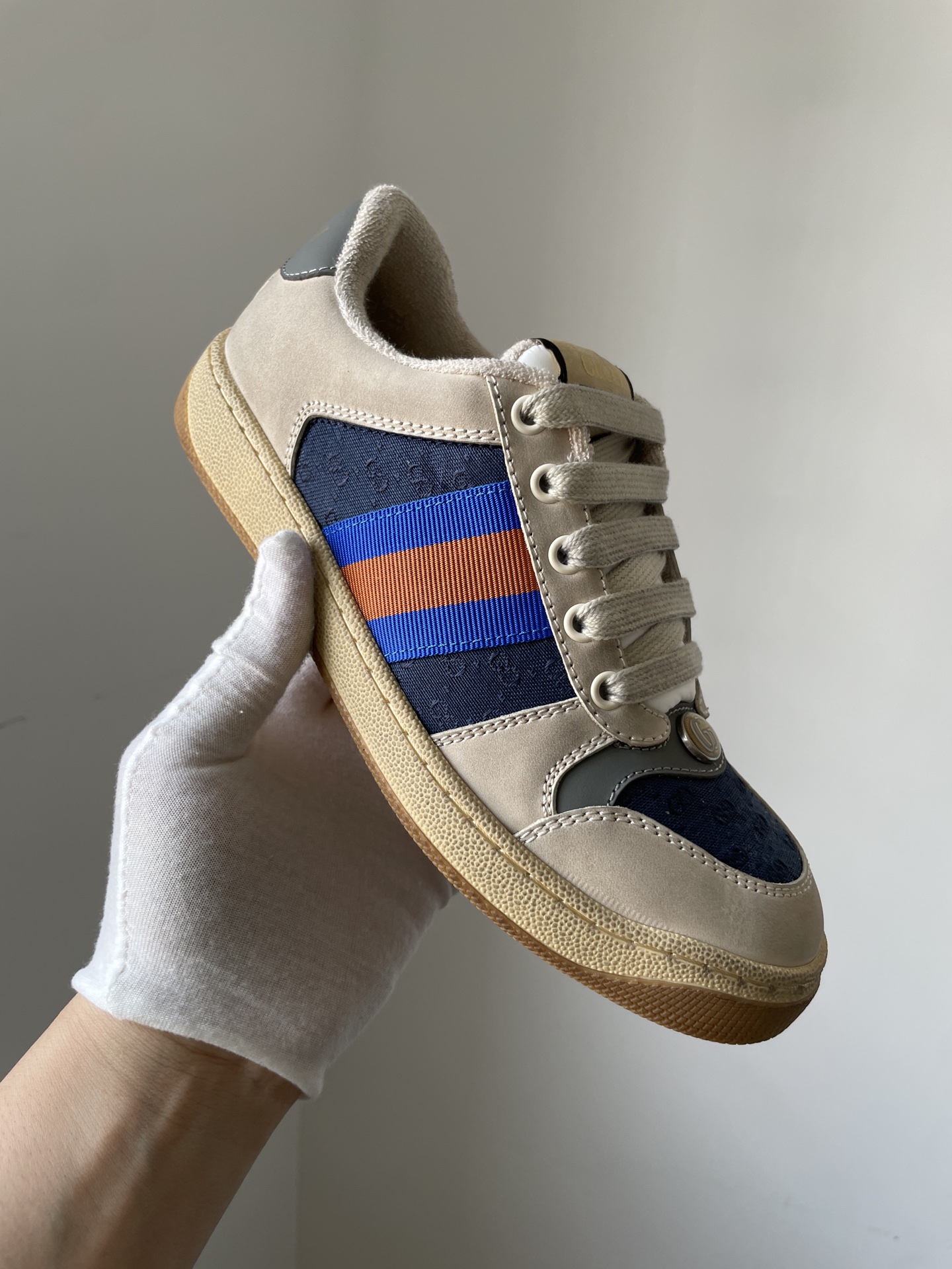 Gucci Screener Fabric Leather Lace-Up Sneakers Men Gray White Vintage - Image 3