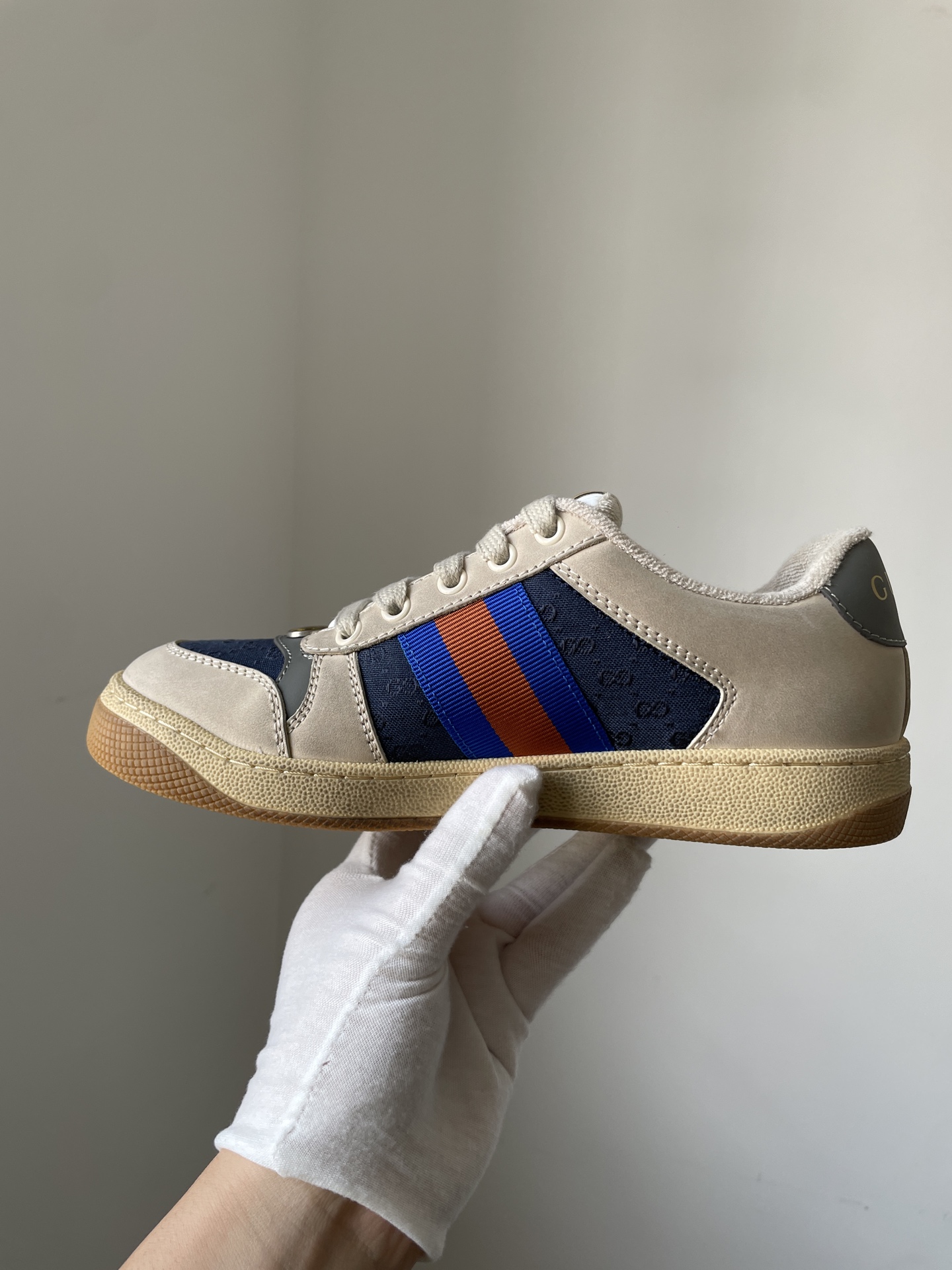 Gucci Screener Fabric Leather Lace-Up Sneakers Men Gray White Vintage - Image 5