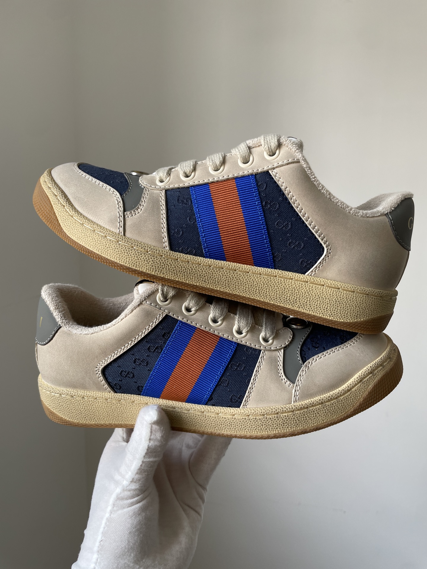 Gucci Screener Fabric Leather Lace-Up Sneakers Men Gray White Vintage - Image 6