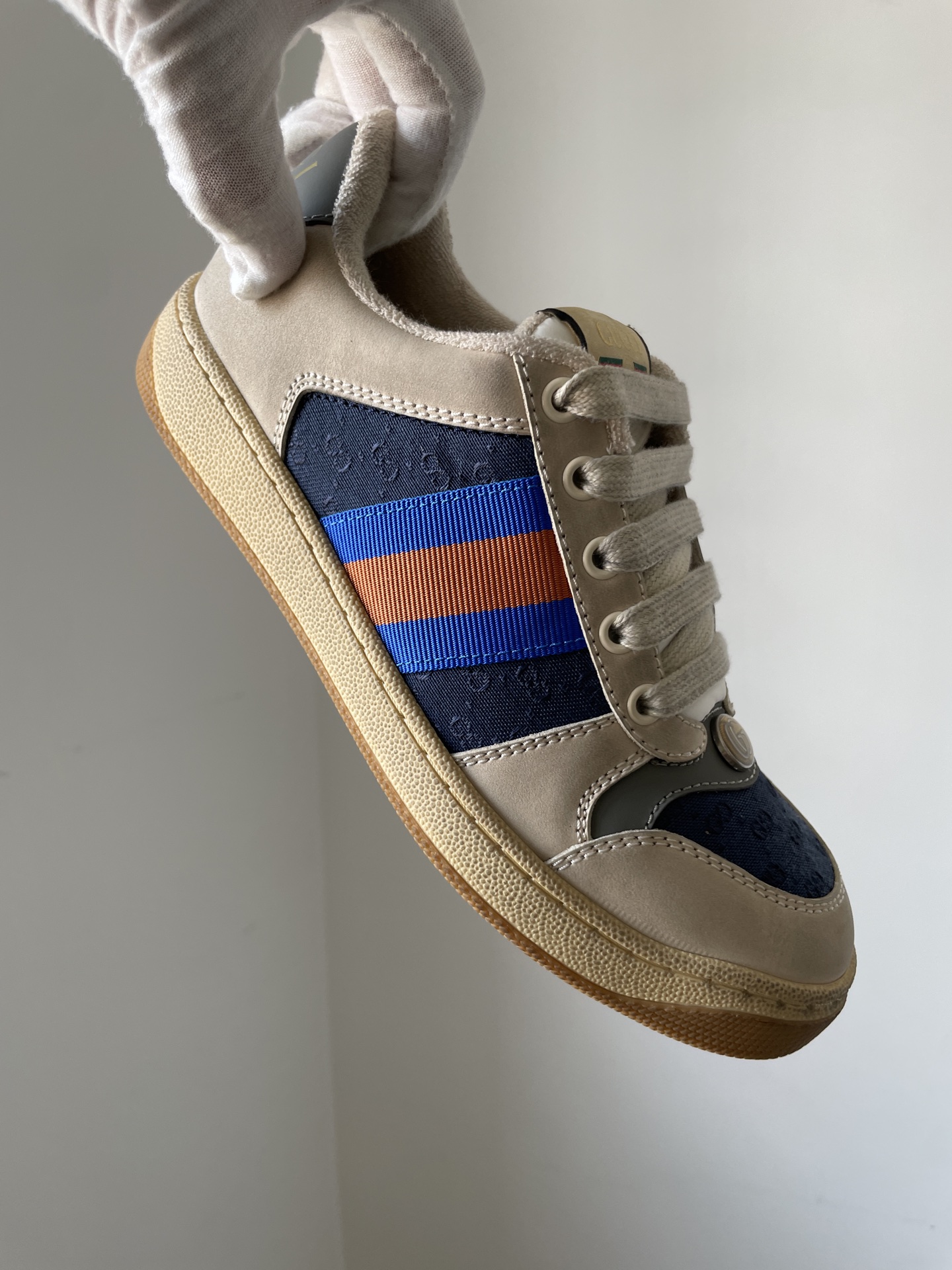 Gucci Screener Fabric Leather Lace-Up Sneakers Men Gray White Vintage - Image 7