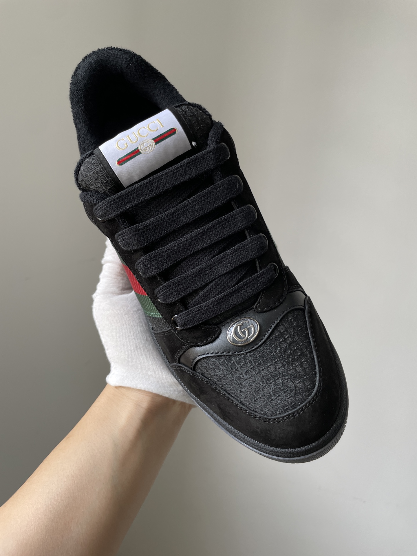 Gucci Screener Round Toe Lace-Up Sneakers Men Black - Image 4