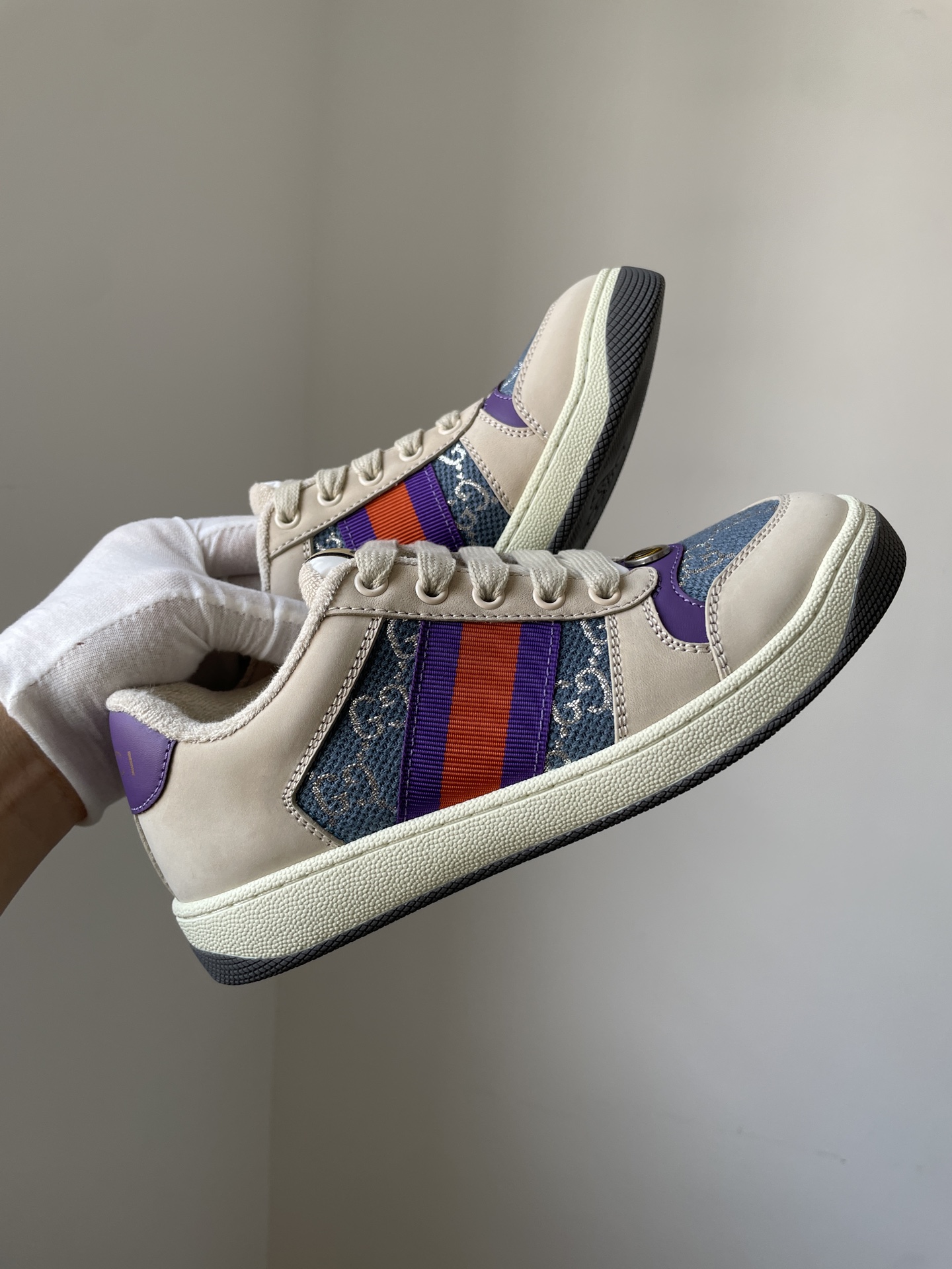 Gucci Screener Leather GG Enamel Lace-Up Sneakers Women Blue - Image 3