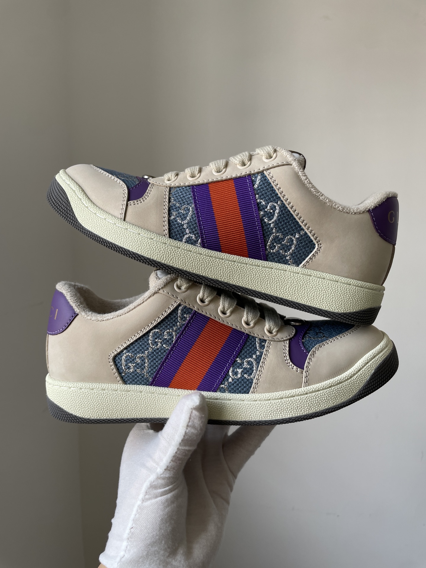 Gucci Screener Leather GG Enamel Lace-Up Sneakers Women Blue - Image 4