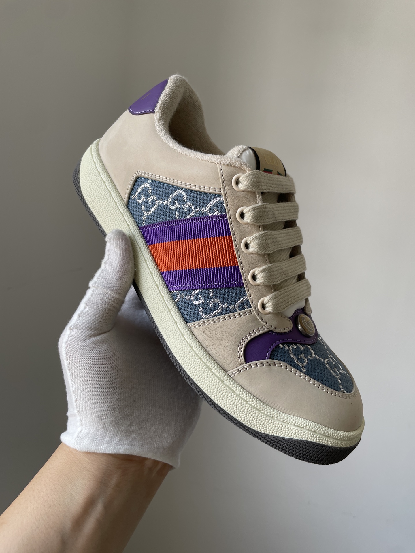 Gucci Screener Leather GG Enamel Lace-Up Sneakers Women Blue - Image 5