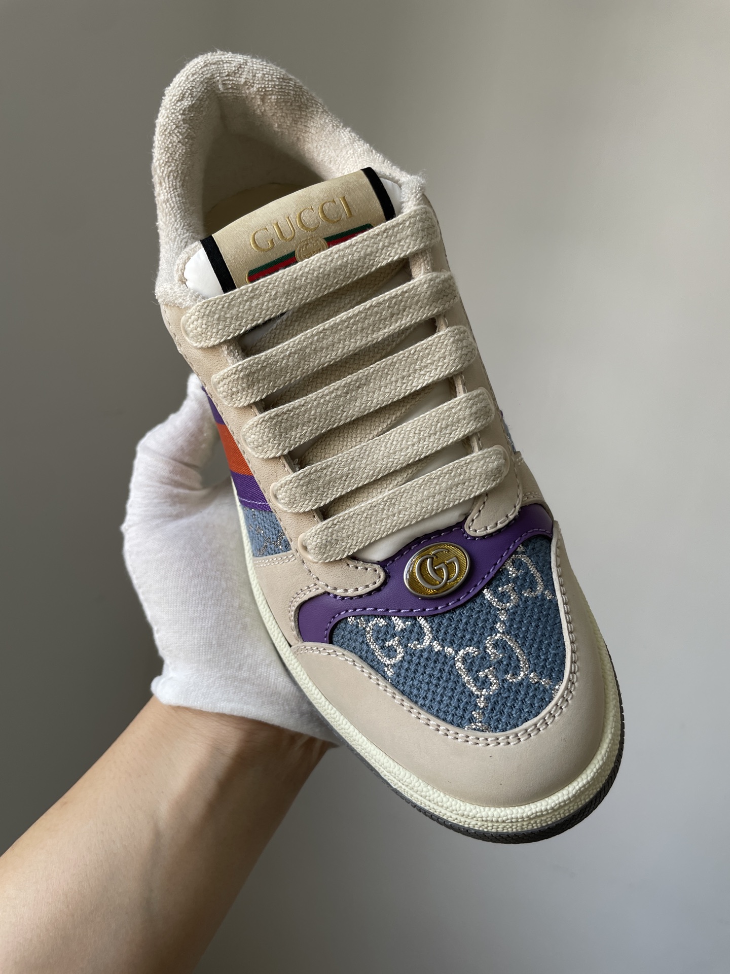 Gucci Screener Leather GG Enamel Lace-Up Sneakers Women Blue - Image 6