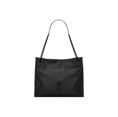 SAINT LAURENT YSL Niki Crocodile Embossed Leather Tote Bag Black