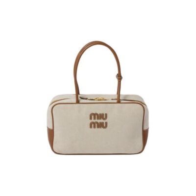 MIU MIU Logo Canvas and Leather Shoulder Handbag – Beige & Brandy