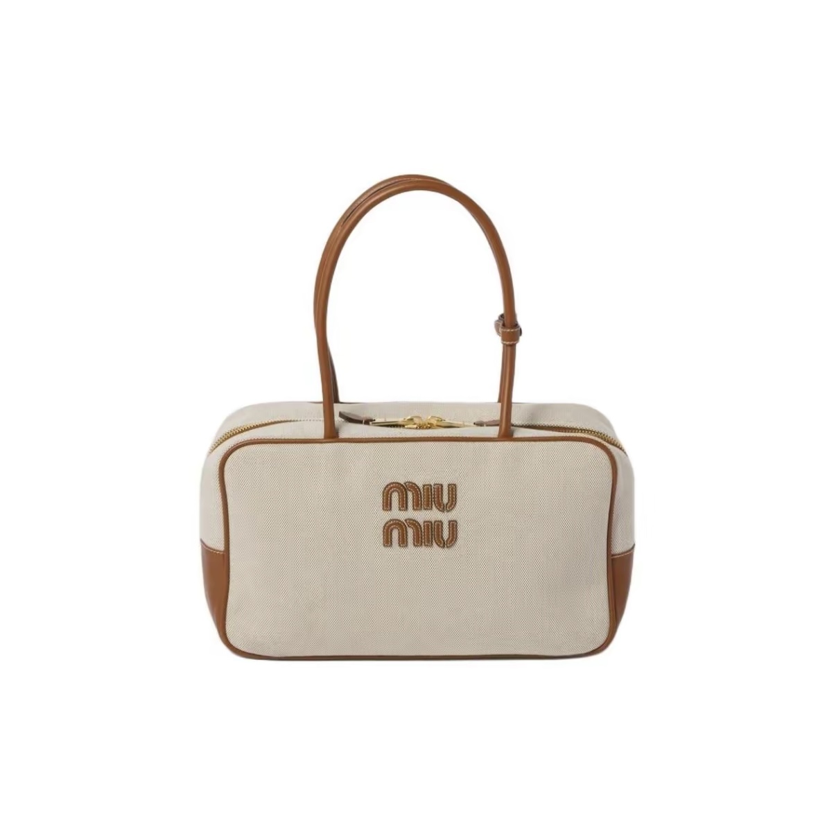MIU MIU Logo Canvas and Leather Shoulder Handbag – Beige & Brandy