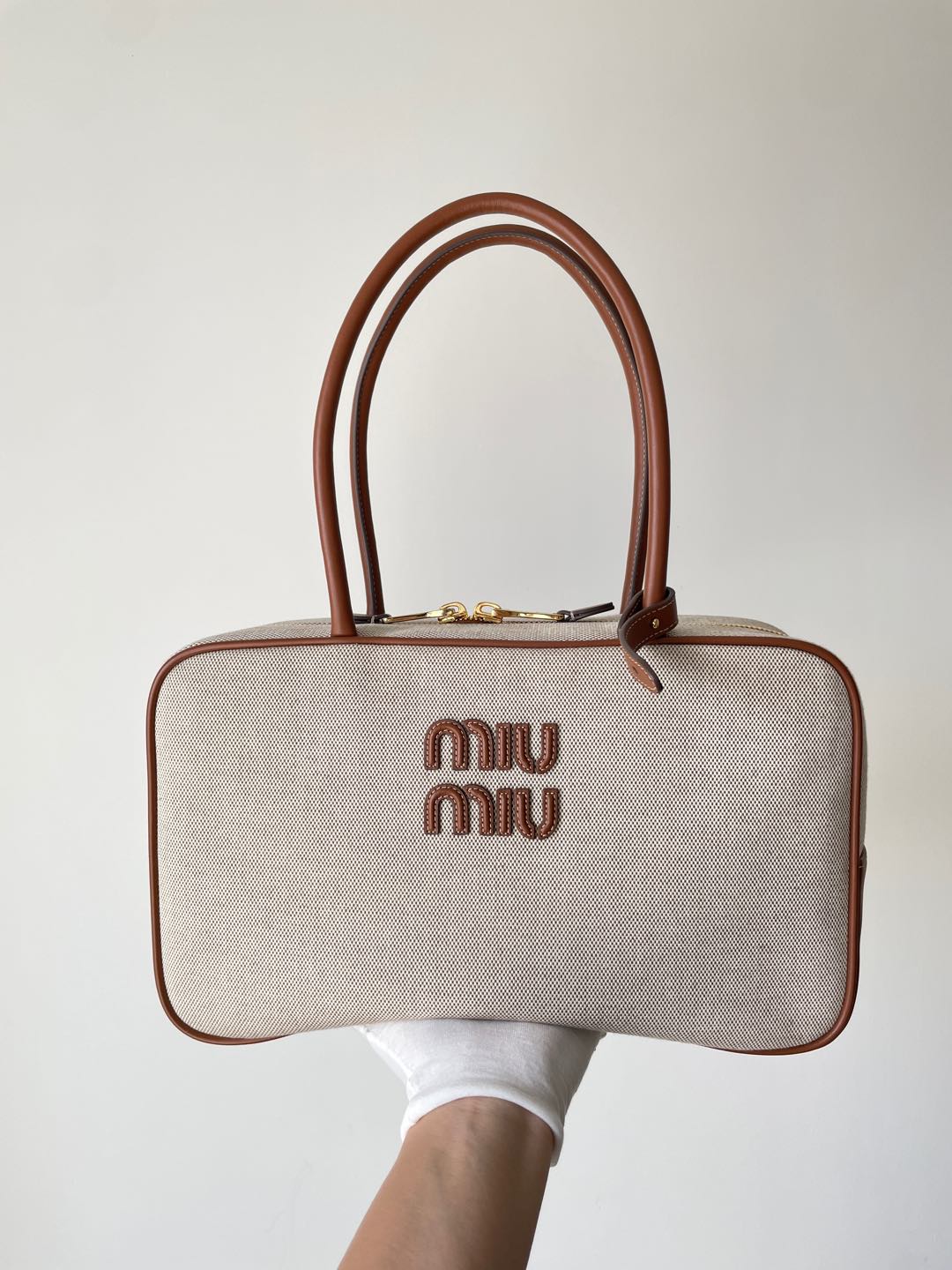 MIU MIU Logo Canvas and Leather Shoulder Handbag – Beige & Brandy - Image 2