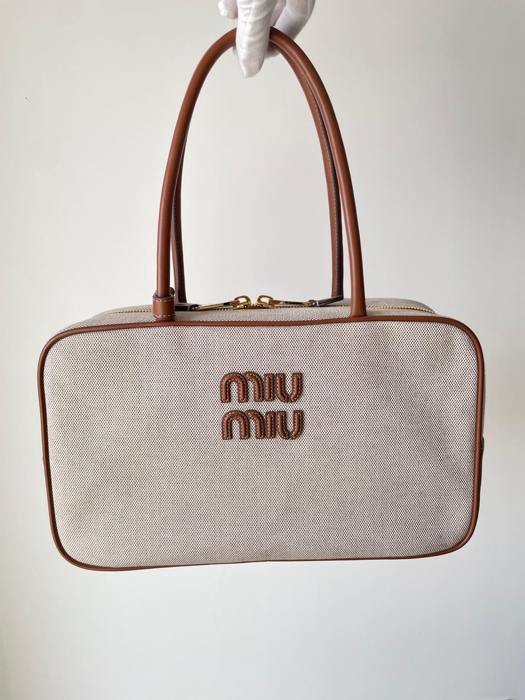 MIU MIU Logo Canvas and Leather Shoulder Handbag – Beige & Brandy - Image 7