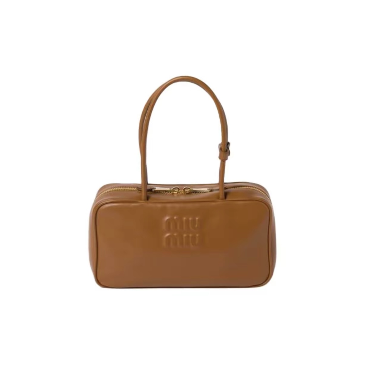 MIU MIU Beau Calfskin Handbag with Embossed Logo – Cognac