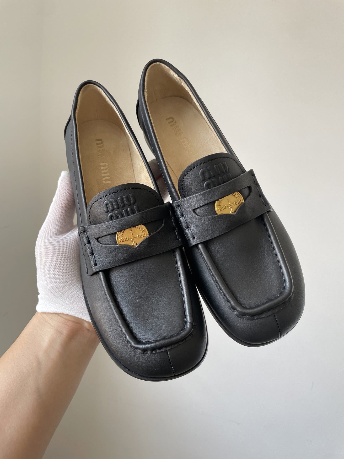 Miu Miu Calfskin Round Toe Slip-On Flat Loafers Women Black - Image 2